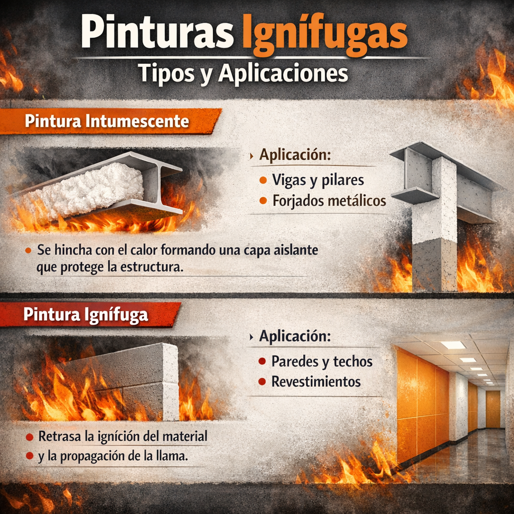 Infografía comparativa sobre pintura intumescente y pintura ignífuga con mecanismo de acción y aplicaciones en vigas, pilares, paredes y techos