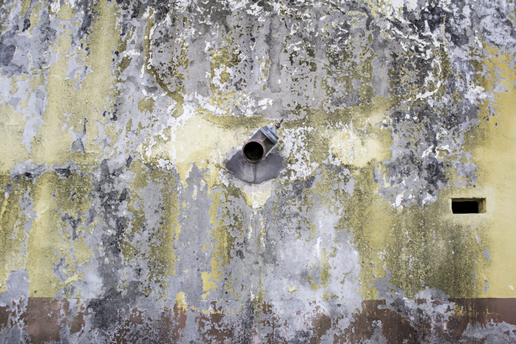 Pintura levantada de una casa a causa de la humedad.